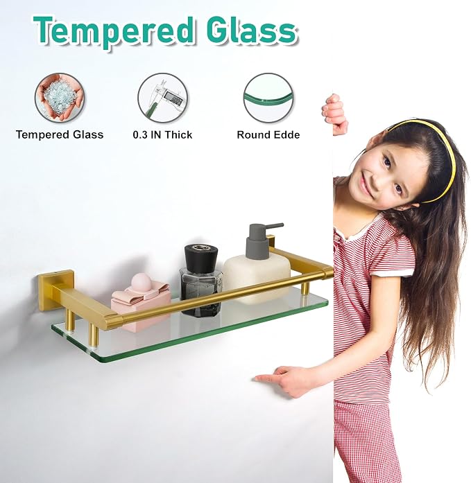 16 Inch Brusheld Gold Bathroom Glass Shelves - Image 4