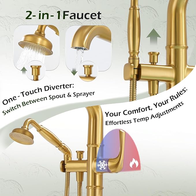 Luxury Free Standing Tub Faucet, Classic Brass Freestanding Bathtub Faucet - Image 5