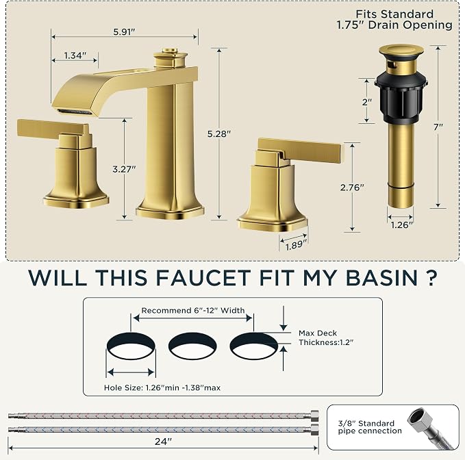 FORIOUS 3 Hole Gold Sink Bathroom Faucet - Image 2