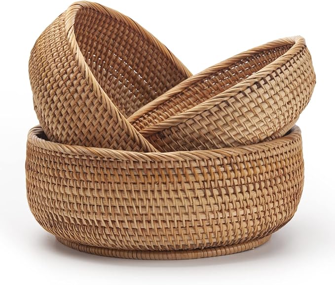 Round Rattan Fruit Baskets Woven Storage Bowls Key Holder Stackable by DECRAFTS