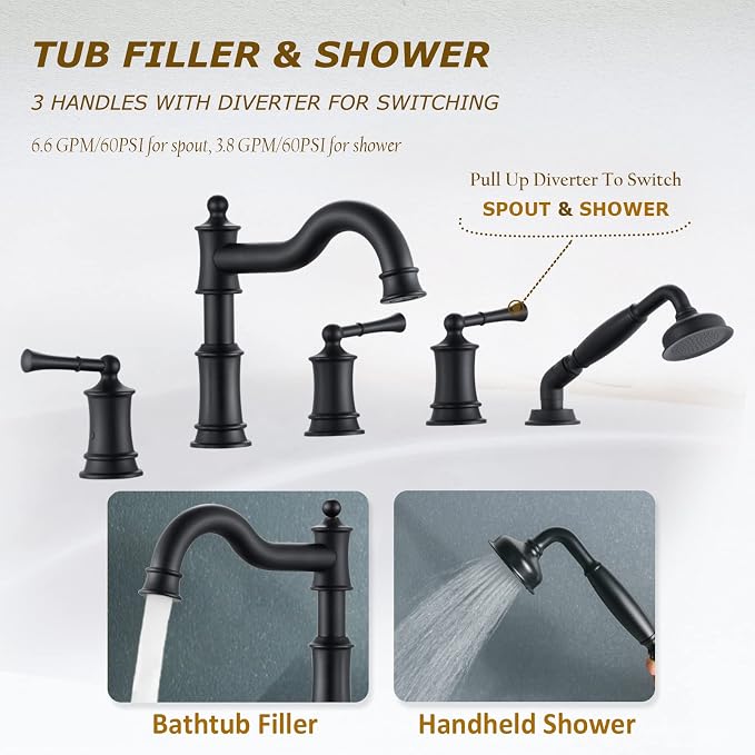Roman Tub Faucet Set With Handheld Shower 5 Hole Deck Mount Tub Filler With - Image 3