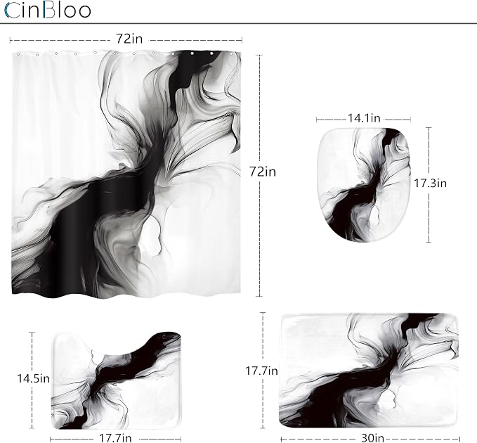 Cinbloo 4Pcs Black White Shower Curtain Set, Abstract Modern Ombre Grey - Image 5