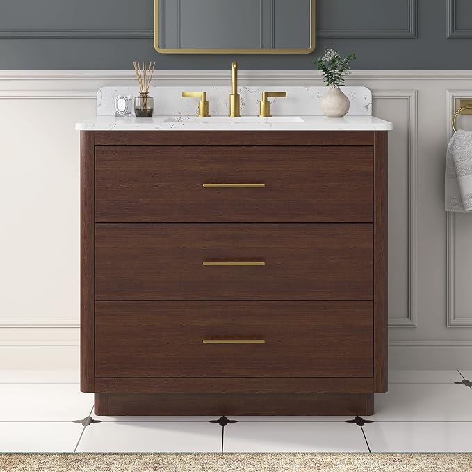 36 Inch Bathroom Vanity with Sink, Solid Wood Frame with Engineered Marble by DELUXELIVING