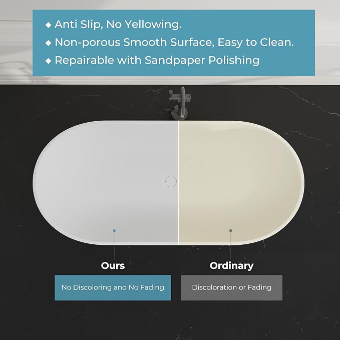69" Premium Solid Surface Freestanding Bathtub, Oval Stone Resin Tub - Image 6