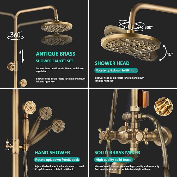 NeierThodore Antique Brass 8-Inch Bathroom Shower Faucet System Rainfall Shower - Image 4