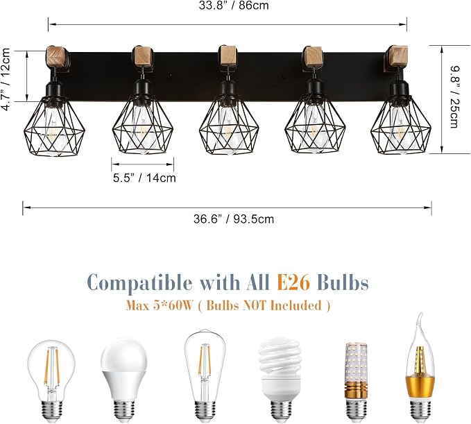Farmhouse Vanity Light for Bathroom, 5-Light Wood Bathroom Vanity Light - Image 3