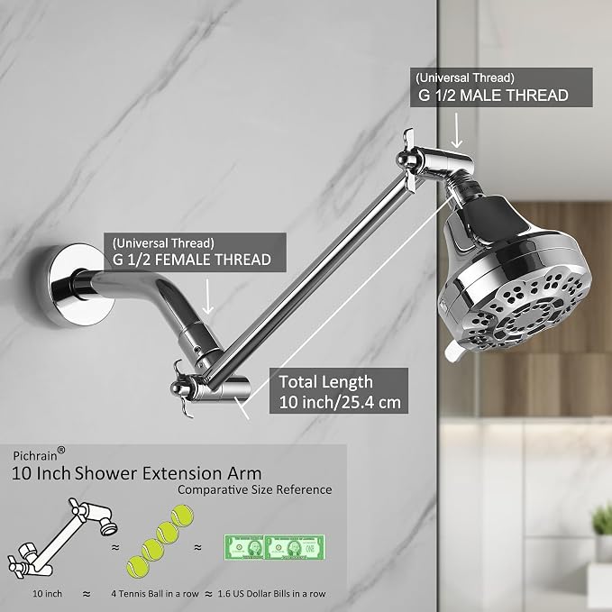 Adjustable Shower Head Extension Arm, All Metal Shower Head Extender - Image 2