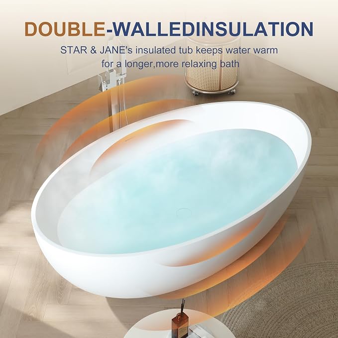 SJ STAR&JANE 67" x 39" Matte White Solid Surface Freestanding Bathtub, Oval - Image 5