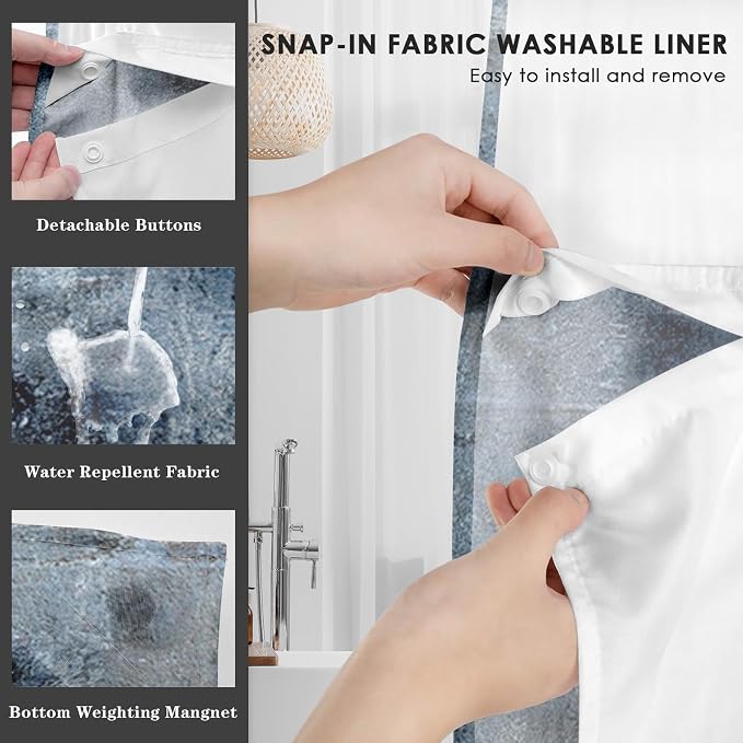 No Hook Grey Navy Blue Painting Shower Curtain - Image 4
