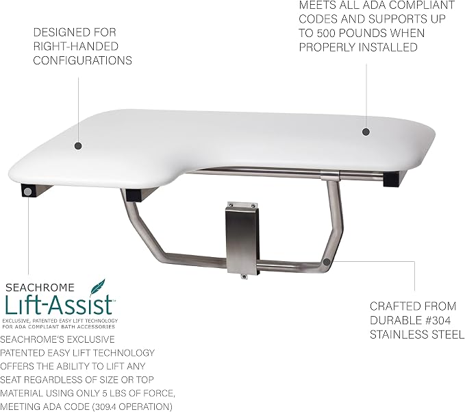 Seachrome Lift-Assist Shower Seat, L-Shaped Right-Hand, Wall Mount, Padded - Image 3