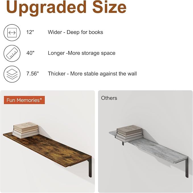Floating Shelves 40"W x 12"D, Deep Wall Shelves - Image 5