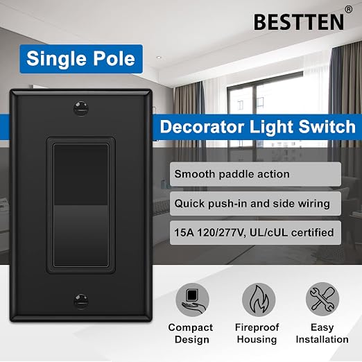 BESTTEN 10 Pack Single Pole Decorator Wall Light Switch - Image 3
