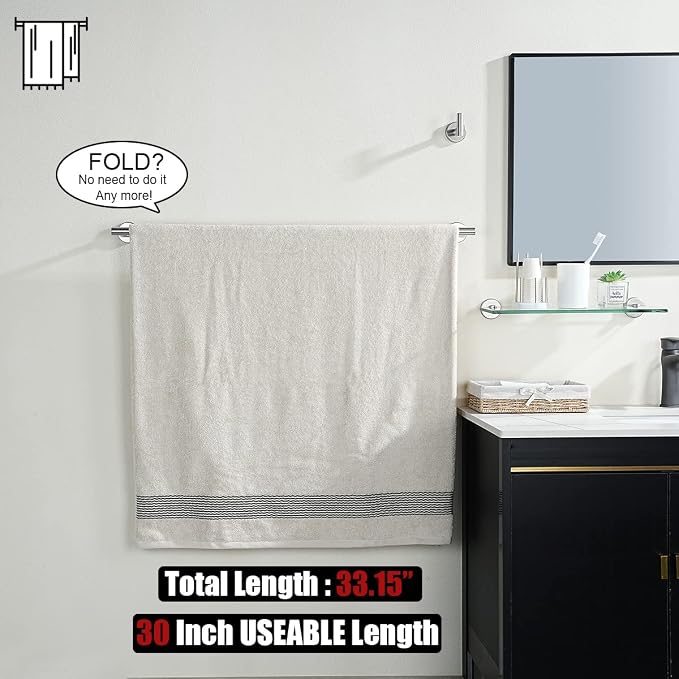JQK Bath Towel Bar, 33 Inch 304 Stainless Steel Thicken 0.8mm Single Towel Rack - Image 3