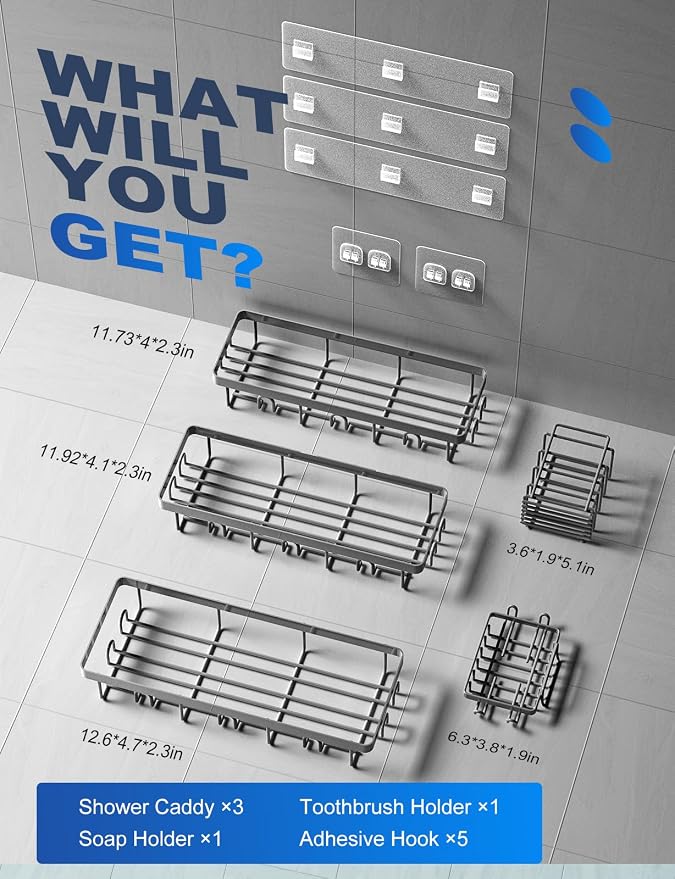 GVY Shower Caddy 5 Pack, Adhesive Shower Organizer Bathroom Shelves, Rustproof - Image 6