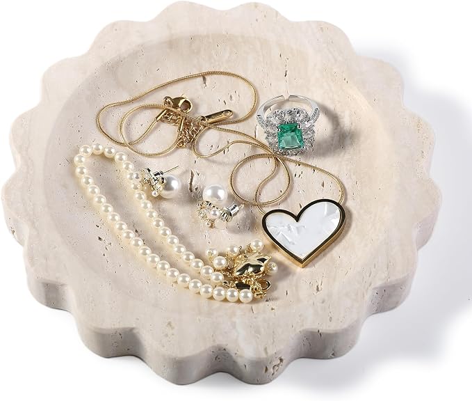 Koville Travertine Jewelry Tray, 5.51" Round Trinket Dish - Image 9