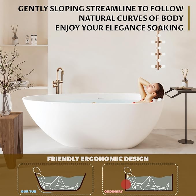 GarveeLife Freestanding Solid Surface Bathtub 67 Inch – Matte White Deep - Image 5