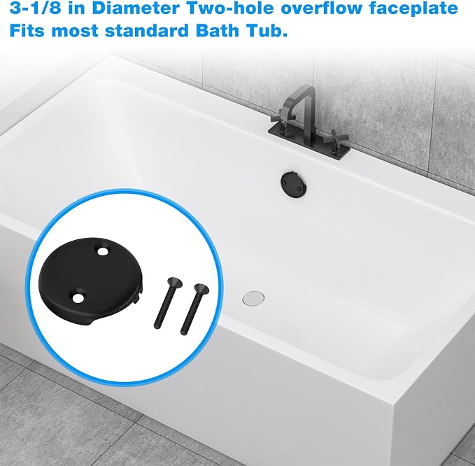 Tub Drain Overflow Cover Black- 3-1/8" Two Hole Bathtub Drain Overflow Cover - Image 2
