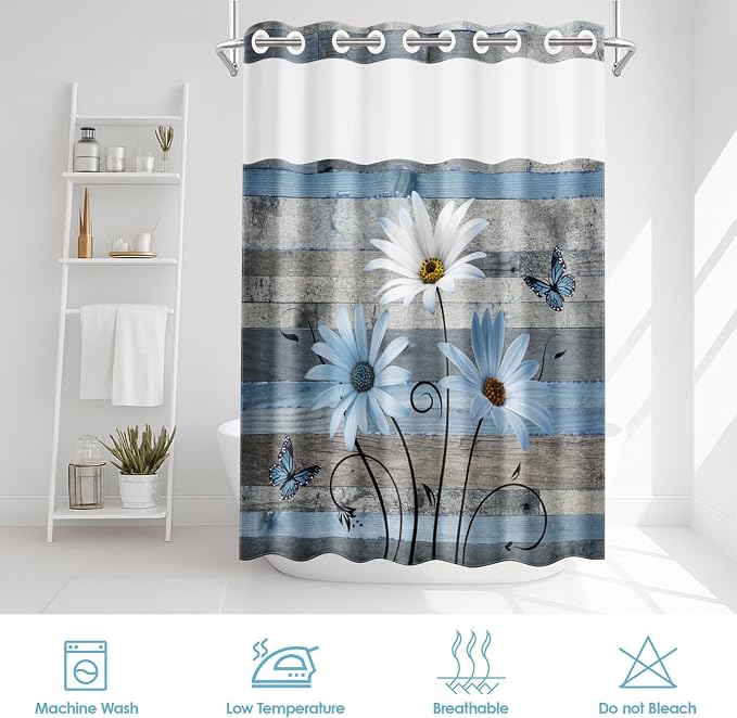 No Hook Blue Daisy and Butterfly Shower Curtain - Image 6