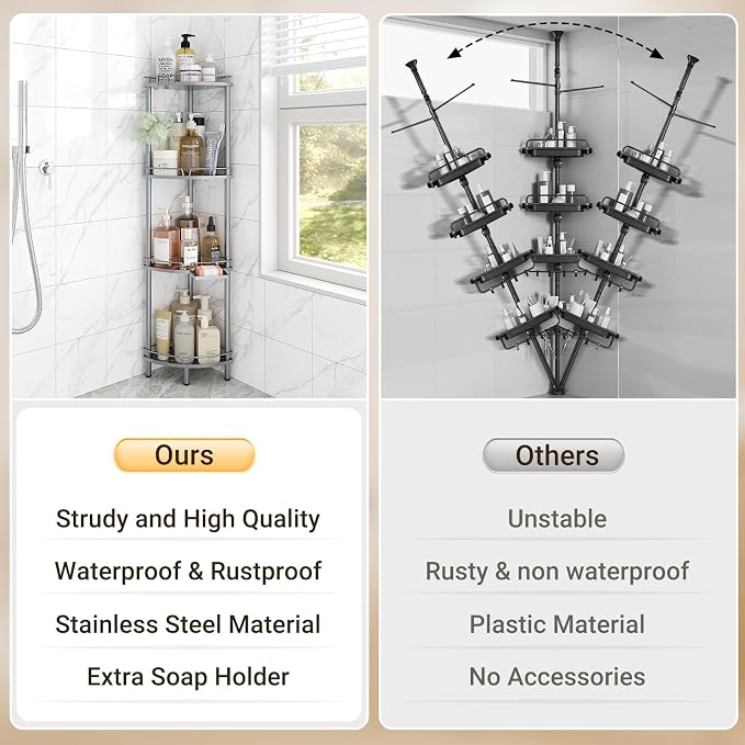 ELYKEN Corner Shower Caddy Standing, 4 Tier Rustproof Metal Shower Organizer - Image 7