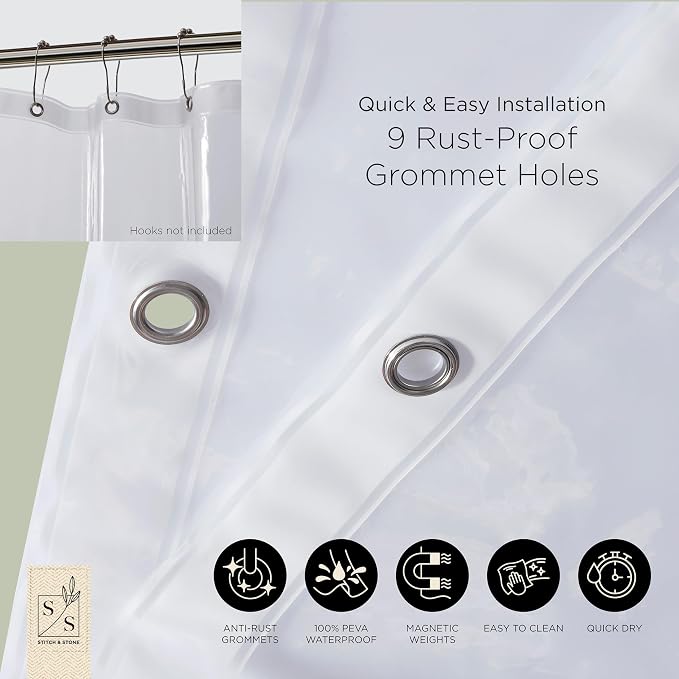 Stitch & Stone Shower Curtain Liner, Premium Medium Weight Durable Waterproof - Image 6