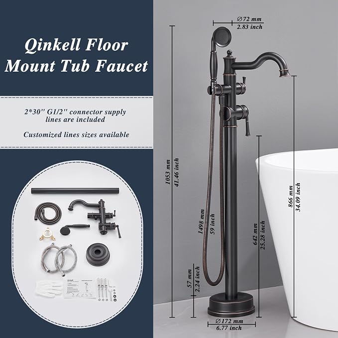 Free Standing Tub Faucet, Qinkell Classic Elegant Gooseneck Freestanding - Image 6