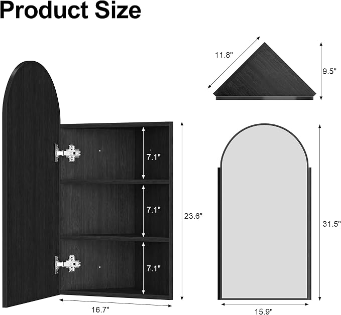 16x31 Inch Black Corner Medicine Cabinet - Image 2