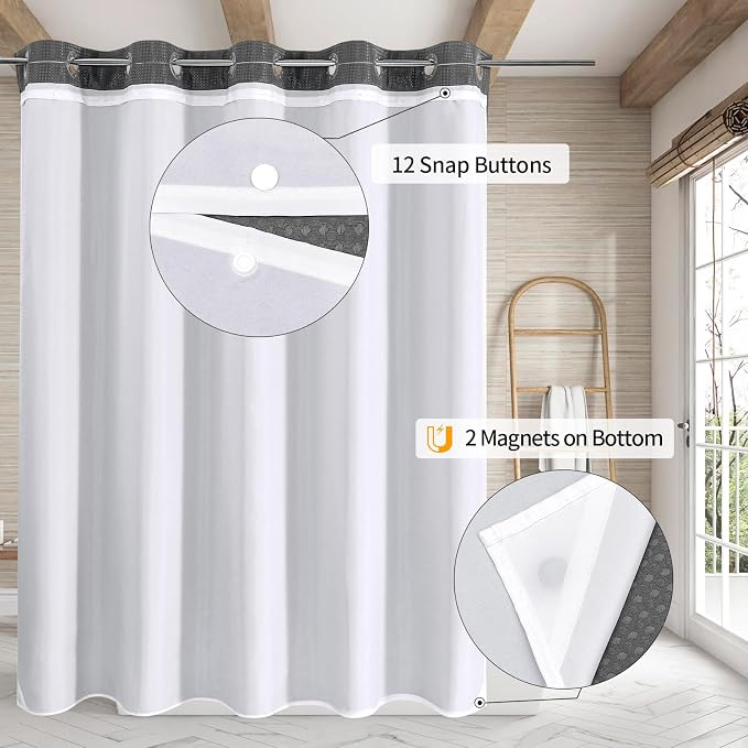 MitoVilla Grey Long Shower Curtain Liner Set 72 x 80, No Hooks Needed 80 inch - Image 2