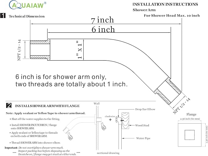 Aquaiaw Square Shower Arm and Anti-Scratch O-Ring Flange, 6 inch, Solid Brass - Image 6