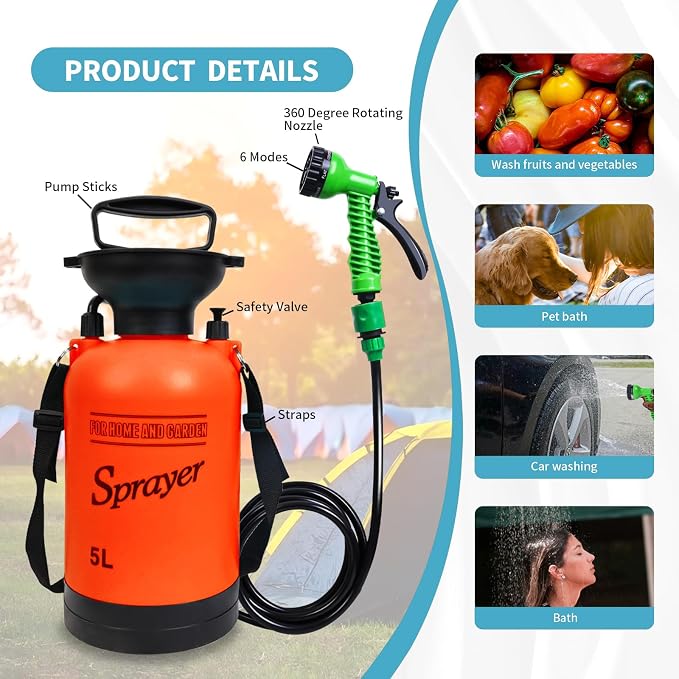 Portable Shower Orange 5L with 7 Spray Modes, Hand Press with Removable Hose - Image 2