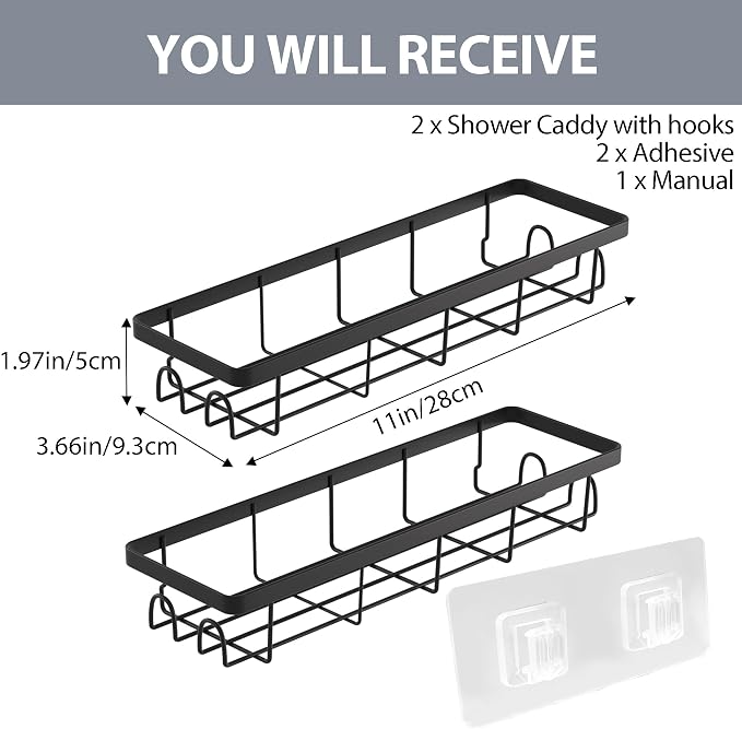 Shower Caddy Organizer with Hooks, Self Adhesive Bathroom Shelves, No Drilling - Image 2