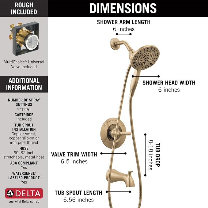 Delta Arvo 14 Series Brushed Gold Bathtub Shower Faucet Set - Image 3