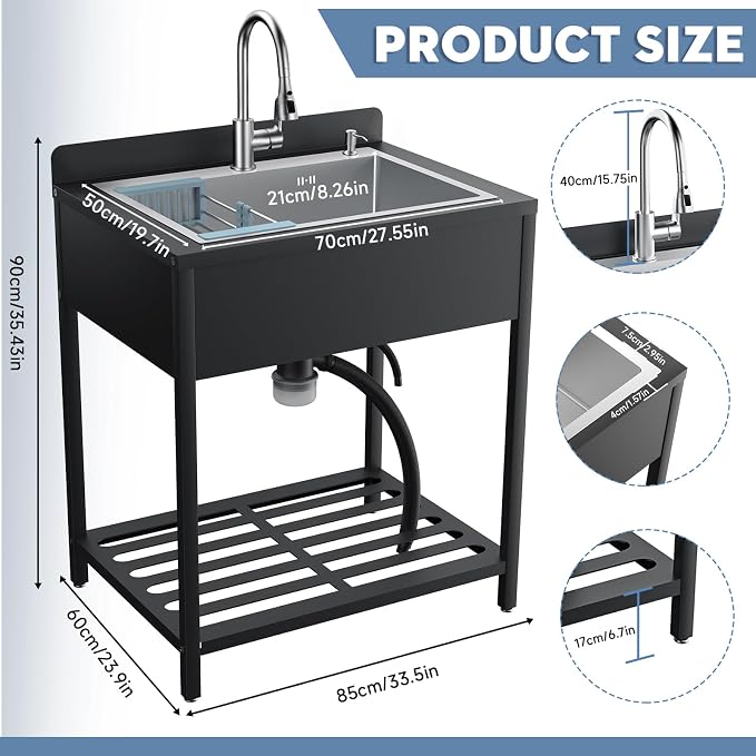 33inch Stainless Steel Freestanding Utility Sink - Image 3
