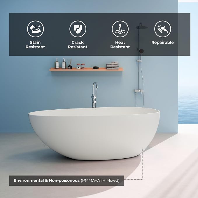 Premium 67'' Solid Surface Freestanding Bathtub, Upgraded Oval Shape Stone - Image 2