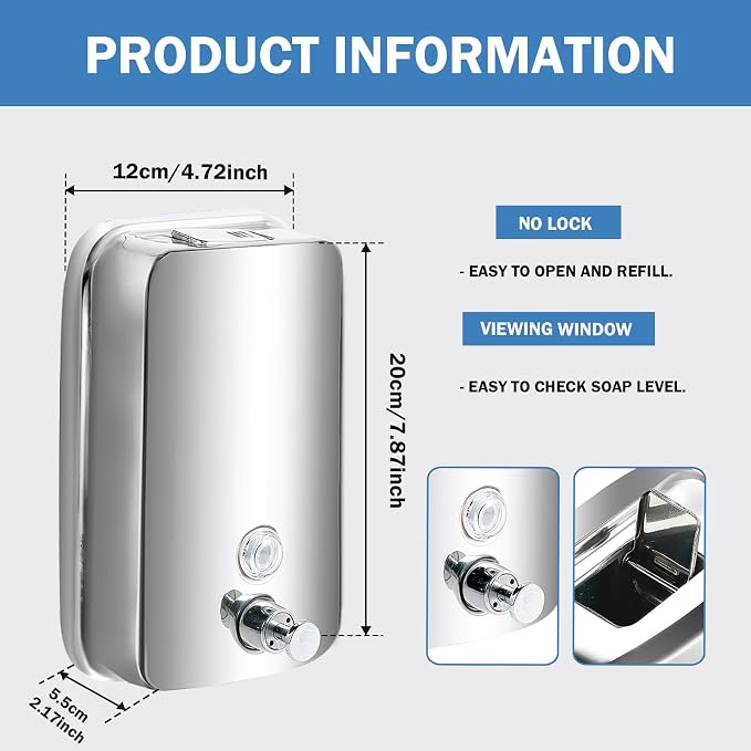 34 oz/1000ml Stainless Steel Commercial Soap Dispenser Wall Mount, Hand Soap - Image 2