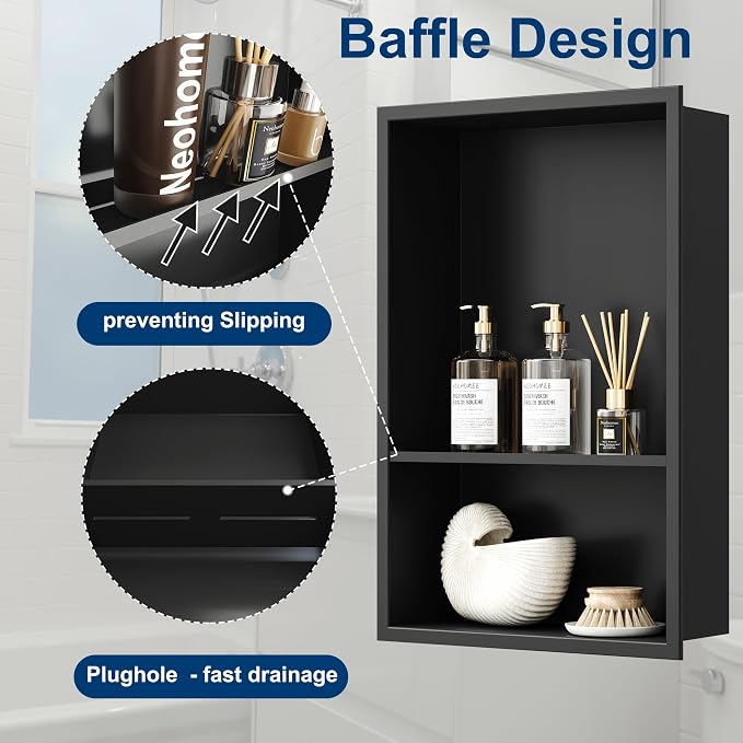 Neodrain 12X18 Inch Matte Black Double Shelf Stainless Steel Shower Niche - Image 5