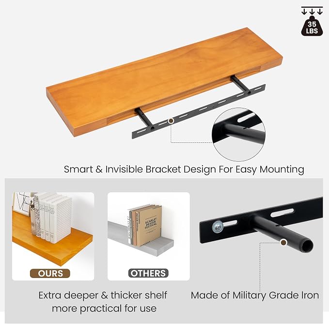 Pine Floating Wall Shelves Set of 2, 16 Inches Long x 8”x 1.4” Shelf Floating - Image 7
