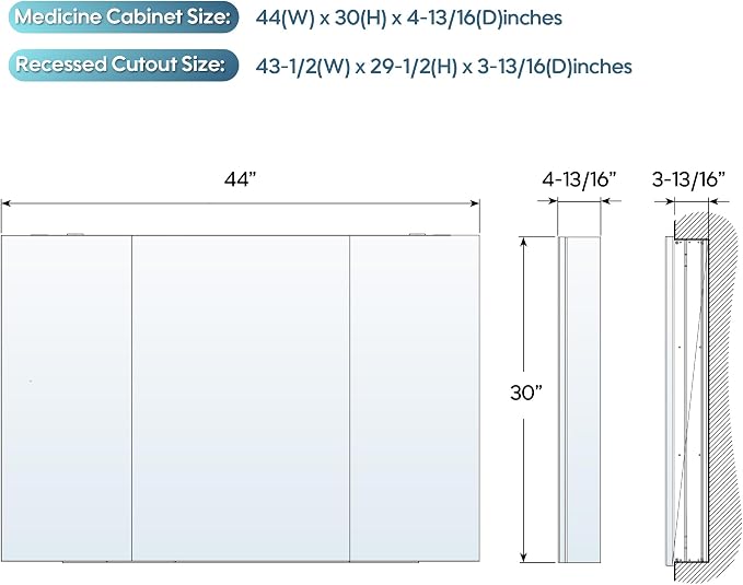 WELLFOR 44" x 30" Rectangle Medicine Cabinet Mirror, Surface Mount or Recessed - Image 2
