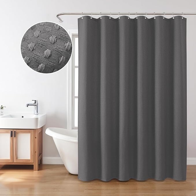 Inhousolu Fabric Shower Curtain Waffle Weave, Graphite Grey 230 GSM Heavy Duty - Image 7