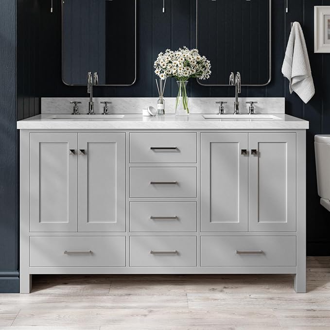 ARIEL Cambridge 61 Inch Grey Bathroom Vanity Double Sink, Solid Wood, Carrara by Ariel