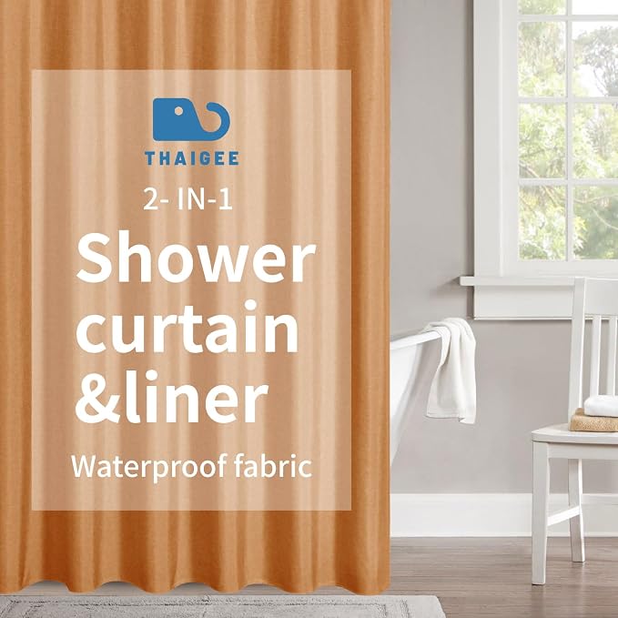2-in-1 Waterproof Fabric Shower Curtain or Liner, Linen Textured, Breathable by THAIGEE