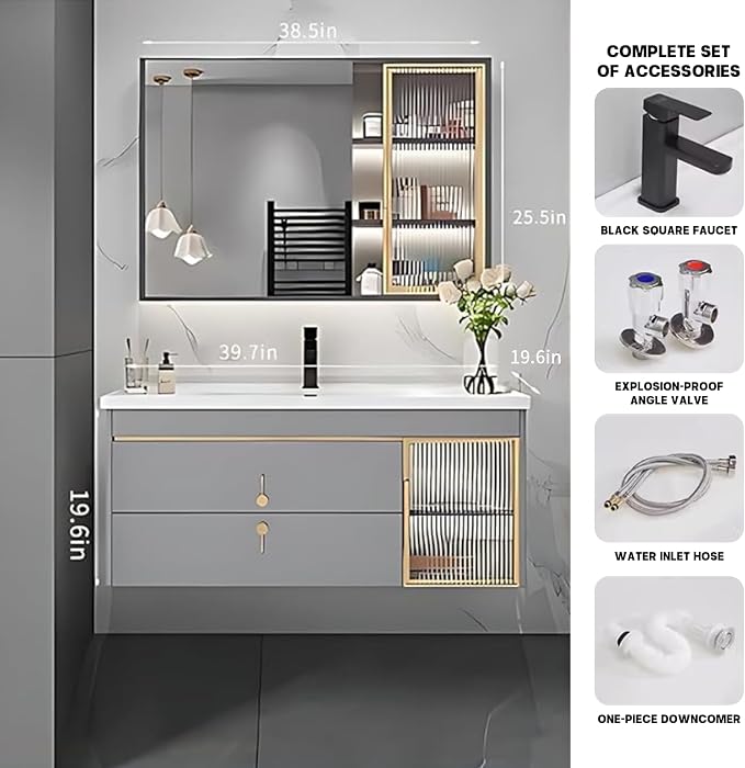 40" Bathroom Vanity with Sink, Floating Bathroom Cabinet Include Smart LED - Image 2