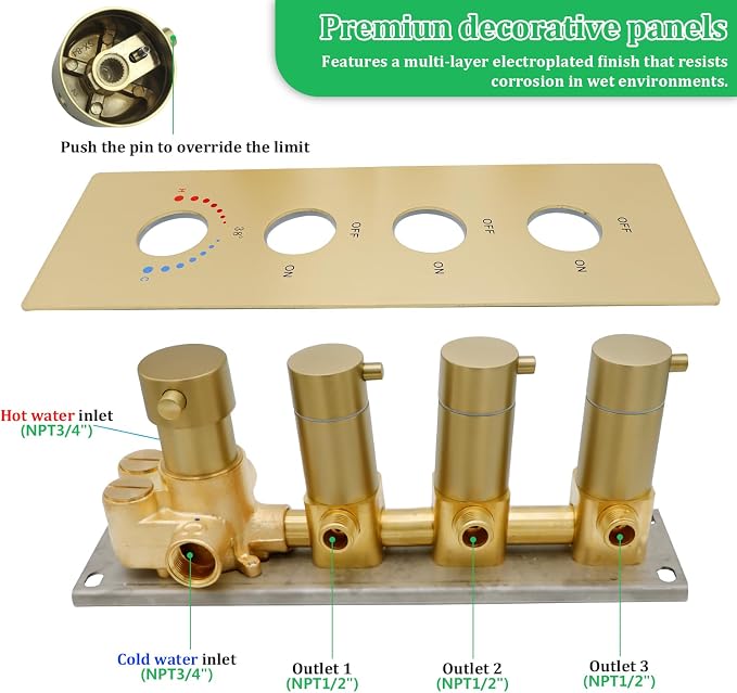 HOMEDEC 3 Function Shower Mixing Valve and Trim Kit, Brushed Gold 3 Ways - Image 4