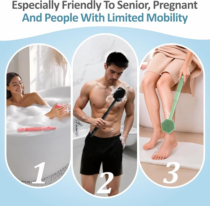 Silicone Back/Face Scrubber & Bath Glove Set 3PCS, Extendable Back Scrubber - Image 9