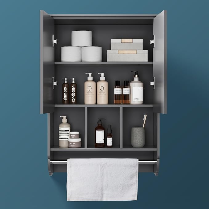 Bathroom Wall Cabinet with Towel Bar, Wooden Medicine Cabinet Adjustable Shelves - Image 4