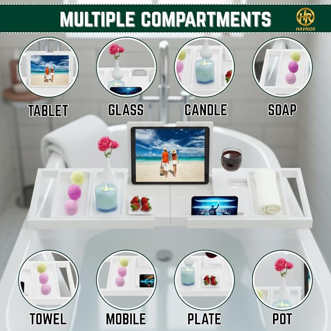 Bamboo Bathtub Caddy Tray Expandable & Foldable Bath Shelf - Image 4