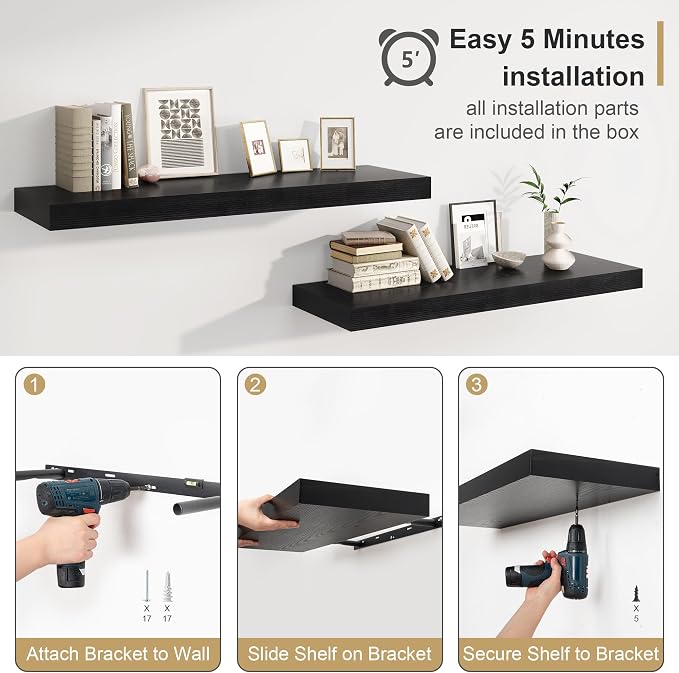 12" Deep Black Floating Shelves, Over Toilet Long Wall Mounted Modern Farmhouse - Image 6