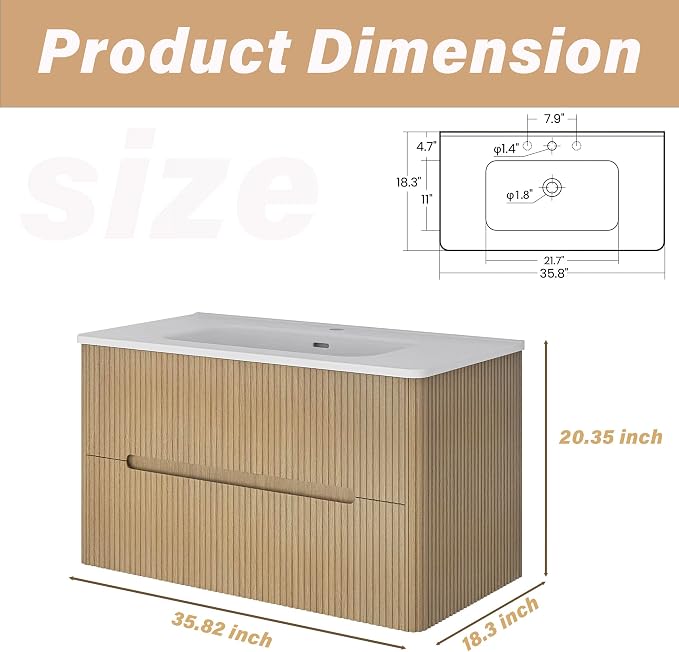 36-Inch Bathroom Vanity with Sink, Modern Wall Mounted Floating Bathroom Vanity - Image 2