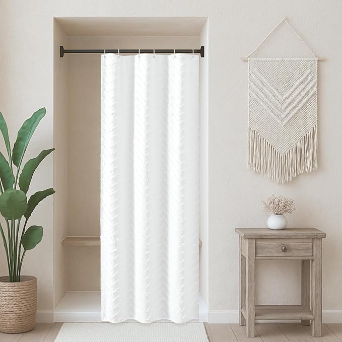 Small Stall White Boho Fabric Shower Curtain, 36x72 Half Size, Textured Tufted by TURKIO