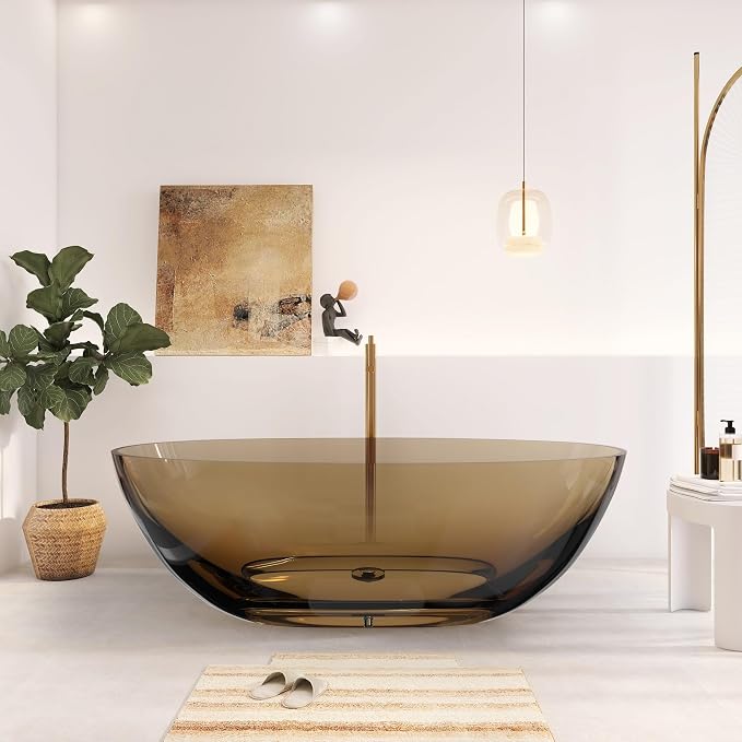 71" Premium Solid Surface Freestanding Bathtub, Upgraded Transparent Dark Brown by HIGEINE