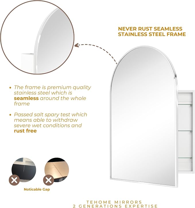 TEHOME 20 x 30'' Polished Nickel Arched Bathroom Medicine Cabinet - Image 8